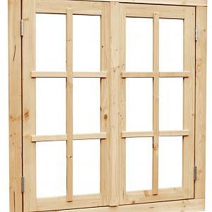 Vuren dubbel uitzetraam met dubbelglas, 112 x 120,5 cm, onbehandeld.