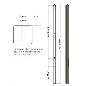 Lichtgewicht betonpaal met diamantkop ongecoat 8,5x8,5x275 cm – Tussenpaal, Antraciet