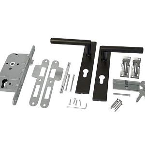 RVS luxe deurbeslagset zwart gecoat. SKG keurmerk met slotkast, cilinder, slot en duimen.