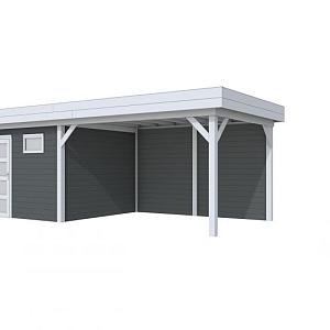 Vuren Topvision Tapuit, 300 x 300 en luifel 400 cm, wanden antraciet en basis lichtgrijs.