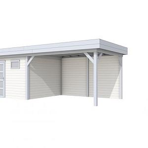 Vuren Topvision Tapuit, 300 x 300 en luifel 400 cm, wanden wit en basis lichtgrijs.