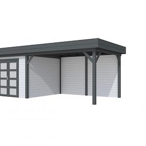 Vuren Topvision Bosuil, 300 x 300 en luifel 400 cm, wanden lichtgrijs en basis antraciet.
