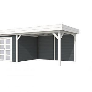 Vuren Topvision Bosuil, 300 x 300 en luifel 400 cm, wanden antraciet en basis wit.