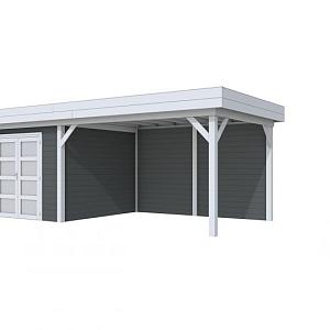 Vuren Topvision Bosuil, 300 x 300 en luifel 400 cm, wanden antraciet en basis lichtgrijs.