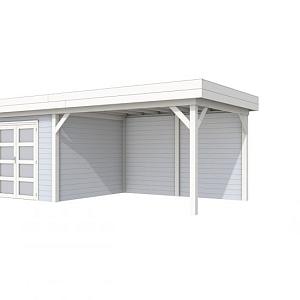 Vuren Topvision Bosuil, 300 x 300 en luifel 400 cm, wanden wit en basis lichtgrijs.