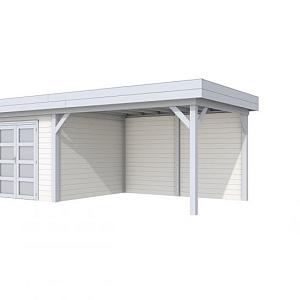 Vuren Topvision Bosuil, 300 x 300 en luifel 400 cm, wanden lichtgrijs en basis wit.