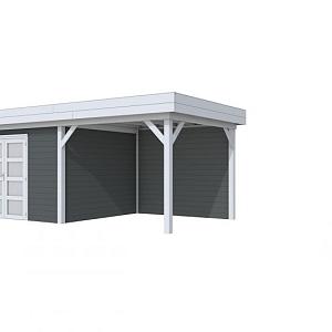 Vuren Topvision Parelhoen, 400 x 300 en luifel 300 cm, wanden antraciet en basis lichtgrijs.