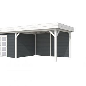 Vuren Topvision Parelhoen, 400 x 300 en luifel 400 cm, wanden antraciet en basis wit.