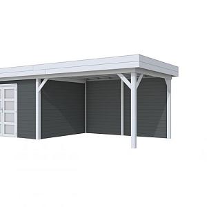 Vuren Topvision Parelhoen, 400 x 300 en luifel 400 cm, wanden antraciet en basis lichtgrijs.