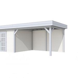 Vuren Topvision Parelhoen, 400 x 300 en luifel 400 cm, wanden wit en basis lichtgrijs.