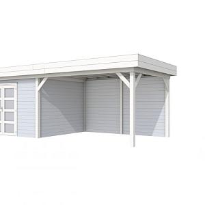 Vuren Topvision Parelhoen, 400 x 300 en luifel 400 cm, wanden lichtgrijs en basis wit.