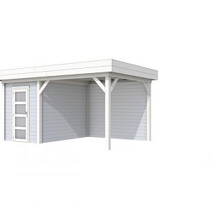 Vuren Topvision Kiekendief, 200 x 300 en luifel 300 cm, wanden lichtgrijs en basis wit.