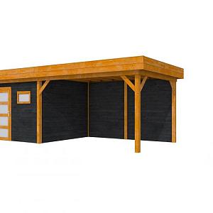 Douglas Topvision Raaf, 298 x 298 en luifel 400 cm, wanden zwart geïmpregneerd en basis transparant 