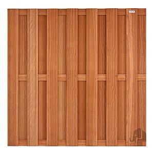 Elephant schutting Kempas FSC hardhout – 4,5 x 180 x 180 cm – 14 planks – 15 mm – V-groeven – RVS