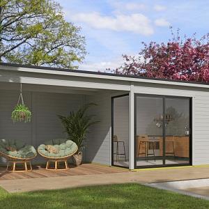 Tuinhuis Olivia met overkapping 745x295 cm Platinumgrey noordeuropees vuren