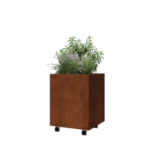 Cortenstaal plantenbak - Vierkant - 50 x 50 x 60 cm - Met bodemplaat - Met wielen