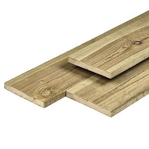 Grenen plank 1,6 x 14,0 x 360 cm, vers, groen geïmpregneerd, geschaafd, 4 ronde hoeken, FSC