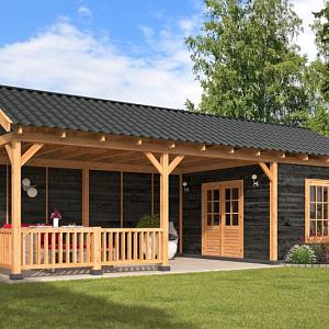 Tuinhuis met overkapping Hamar XL, Type 7 Douglas Gedroogd Potdekselplank zwart