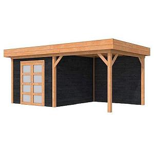 Douglas Topvision Roek, 298 x 298 en luifel 300 cm, wanden zwart geïmpregneerd en basis onbehandeld.