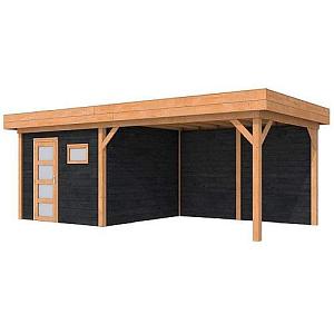 Douglas Topvision Roek, 298 x 298 en luifel 400 cm, wanden zwart geïmpregneerd en basis onbehandeld.