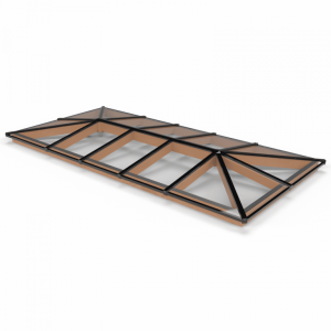 Lichtstraat met schilddak, onderbouw van onbehandeld douglas, gelaagd glas, 450,4 x 205 cm, zwart.