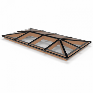 Lichtstraat met schilddak, onderbouw van onbehandeld douglas, gelaagd glas, 318,6 x 155 cm, zwart.