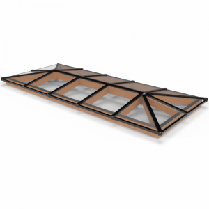 Lichtstraat met schilddak, onderbouw van onbehandeld douglas, gelaagd glas, 400,4 x 155 cm, zwart.