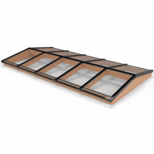 Lichtstraat met zadeldak, onderbouw van onbehandeld douglas, gelaagd glas, 404,2 x 205 cm, zwart.
