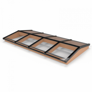 Lichtstraat met zadeldak, onderbouw van onbehandeld douglas, gelaagd glas, 322,2 x 155 cm, zwart.