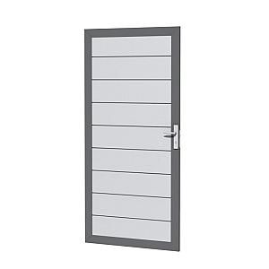 Aluminium deur, 90 x 183 cm, lichtgrijs.