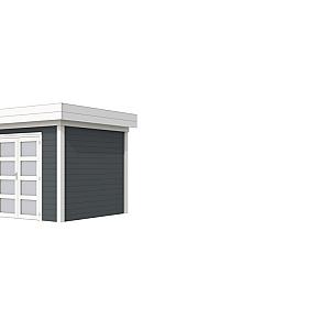 Vuren Topvision Bonte Specht, 300 x 250 cm, wanden antraciet en basis wit.