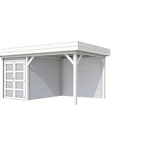 Vuren Topvision Zwaluw, 200 x 300 en luifel 300 cm, wanden lichtgrijs en basis wit.