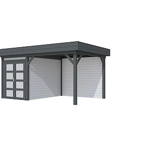 Vuren Topvision Zwaluw, 200 x 300 en luifel 300 cm, wanden lichtgrijs en basis antraciet.