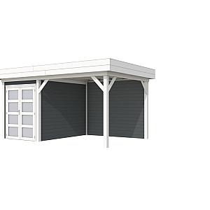 Vuren Topvision Zwaluw, 200 x 300 en luifel 300 cm, wanden antraciet en basis wit.