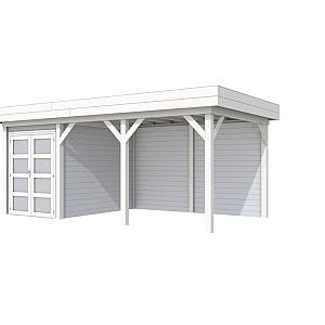 Vuren Topvision Zwaluw, 200 x 300 en luifel 400 cm, wanden lichtgrijs en basis wit.