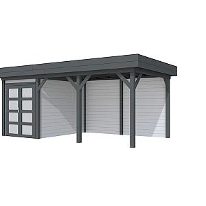 Vuren Topvision Zwaluw, 200 x 300 en luifel 400 cm, wanden lichtgrijs en basis antraciet.