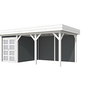 Vuren Topvision Zwaluw, 200 x 300 en luifel 400 cm, wanden antraciet en basis wit.