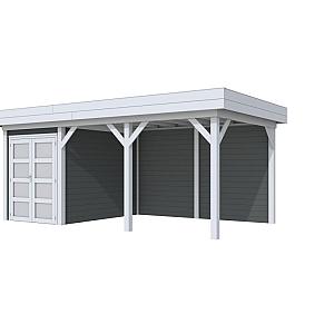 Vuren Topvision Zwaluw, 200 x 300 en luifel 400 cm, wanden antraciet en basis lichtgrijs.