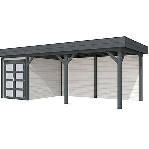 Vuren Topvision Zwaluw, 200 x 300 en luifel 500 cm, wanden wit en basis antraciet.