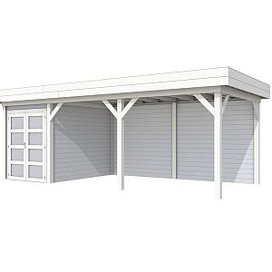 Vuren Topvision Zwaluw, 200 x 300 en luifel 500 cm, wanden lichtgrijs en basis wit.