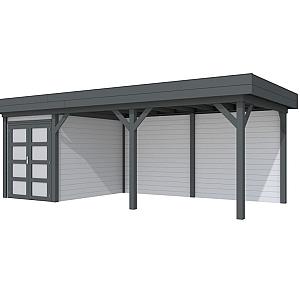 Vuren Topvision Zwaluw, 200 x 300 en luifel 500 cm, wanden lichtgrijs en basis antraciet.