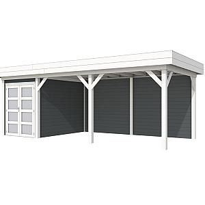 Vuren Topvision Zwaluw, 200 x 300 en luifel 500 cm, wanden antraciet en basis wit.