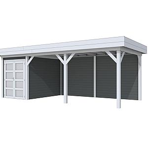 Vuren Topvision Zwaluw, 200 x 300 en luifel 500 cm, wanden antraciet en basis lichtgrijs.