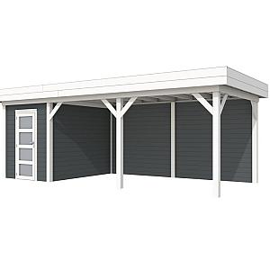 Vuren Topvision Kiekendief, 200 x 300 en luifel 500 cm, wanden antraciet en basis wit.