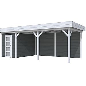 Vuren Topvision Kiekendief, 200 x 300 en luifel 500 cm, wanden antraciet en basis lichtgrijs.