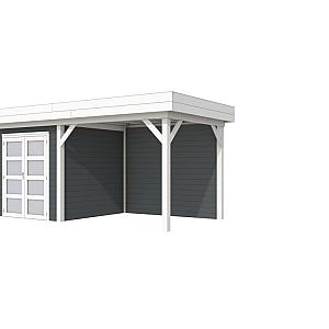 Vuren Topvision Kolibri, 250 x 250 en luifel 300 cm, wanden antraciet en basis wit.