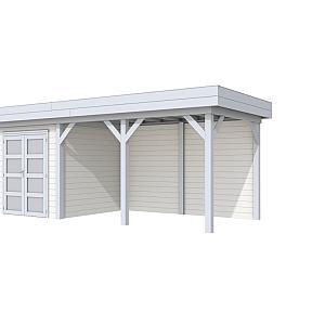 Vuren Topvision Kolibri, 250 x 250 en luifel 400 cm, wanden wit en basis lichtgrijs.