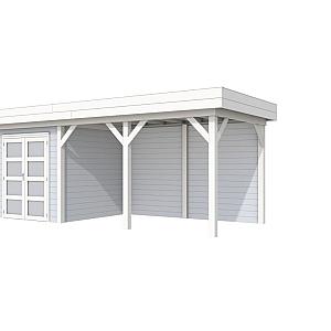 Vuren Topvision Kolibri, 250 x 250 en luifel 400 cm, wanden lichtgrijs en basis wit.