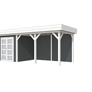 Vuren Topvision Kolibri, 250 x 250 en luifel 400 cm, wanden antraciet en basis wit.