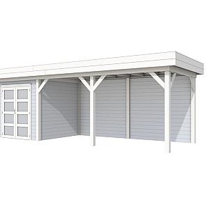 Vuren Topvision Kolibri, 250 x 250 en luifel 500 cm, wanden lichtgrijs en basis wit.